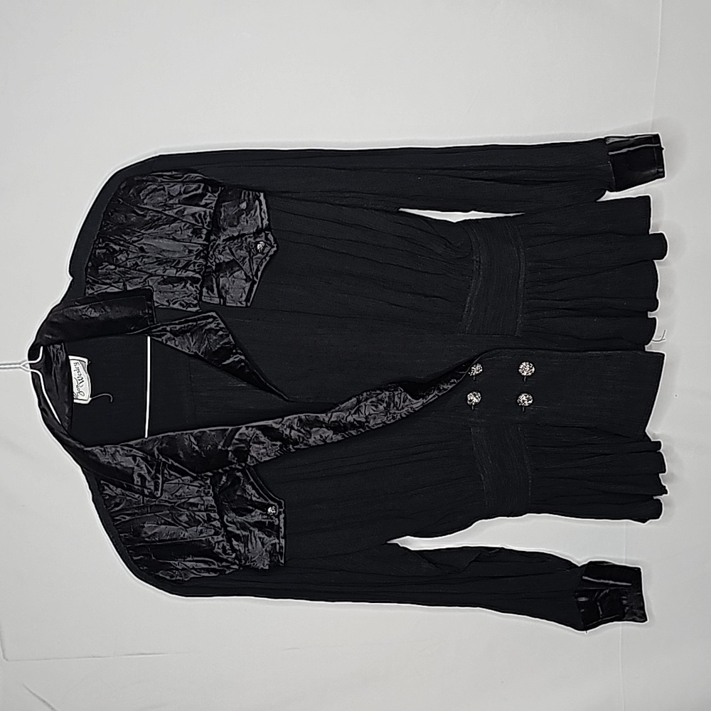 Jon Wesley pleated black formal chiffon button closure elegant blouse top sz Lg